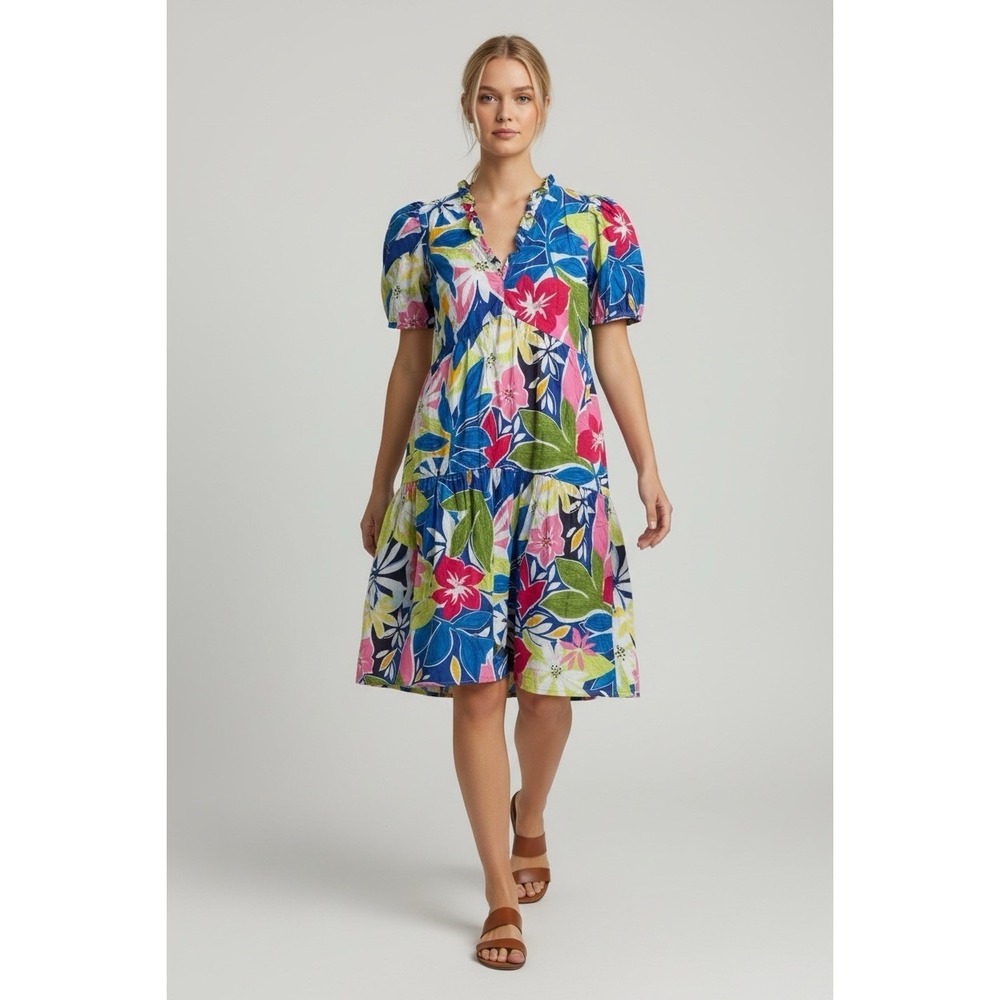 Hawaiian Dress Babydoll Puff Sleeve High Waist Bright Colorful Cotton 10 Medium